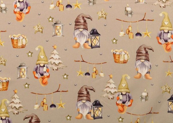 Elves and lanterns cotton fabric with christmas elves sandy